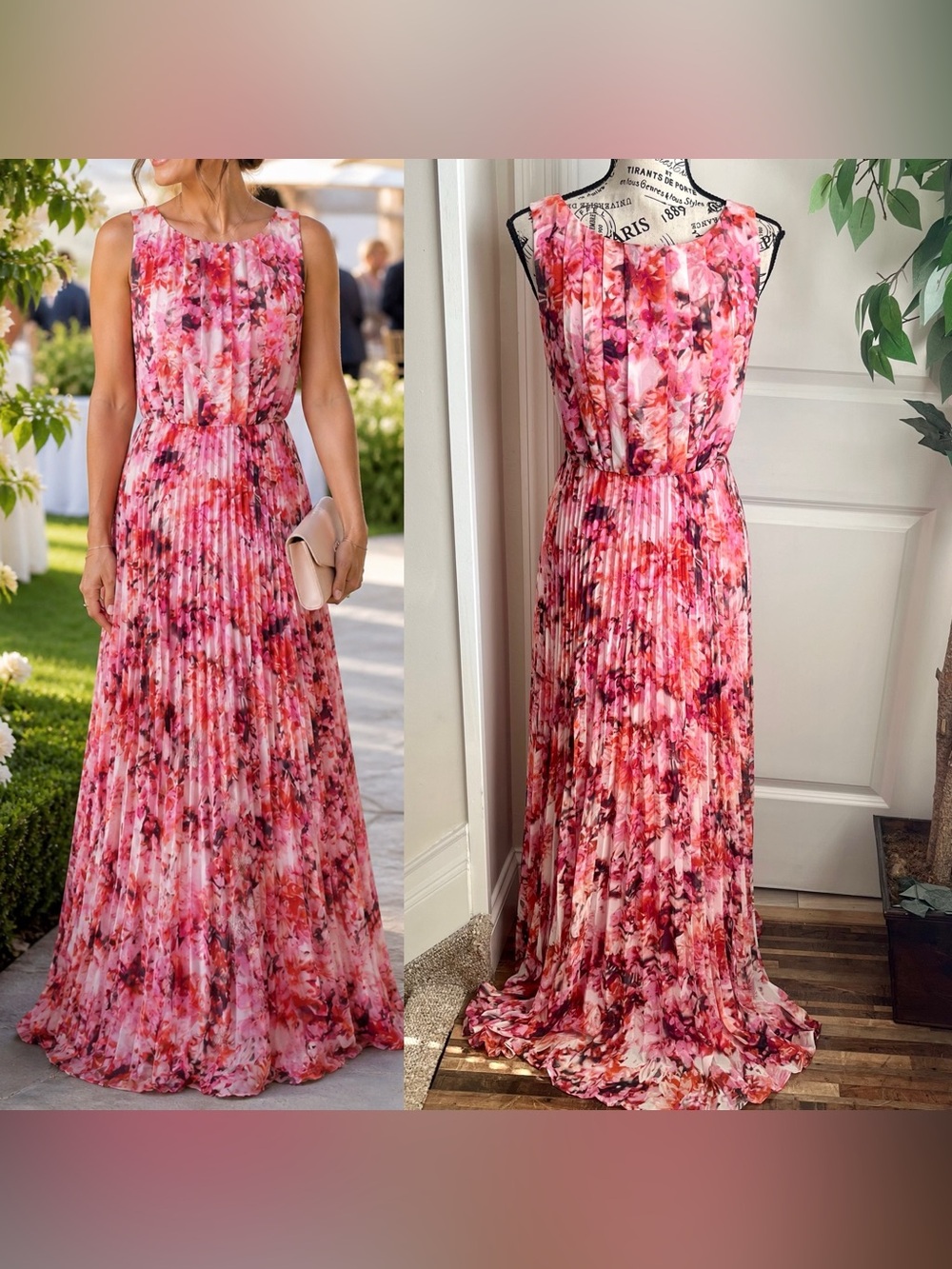 Eliza J Floral Pleated Chiffon Sleeveless Maxi Dress Pink Sz 6